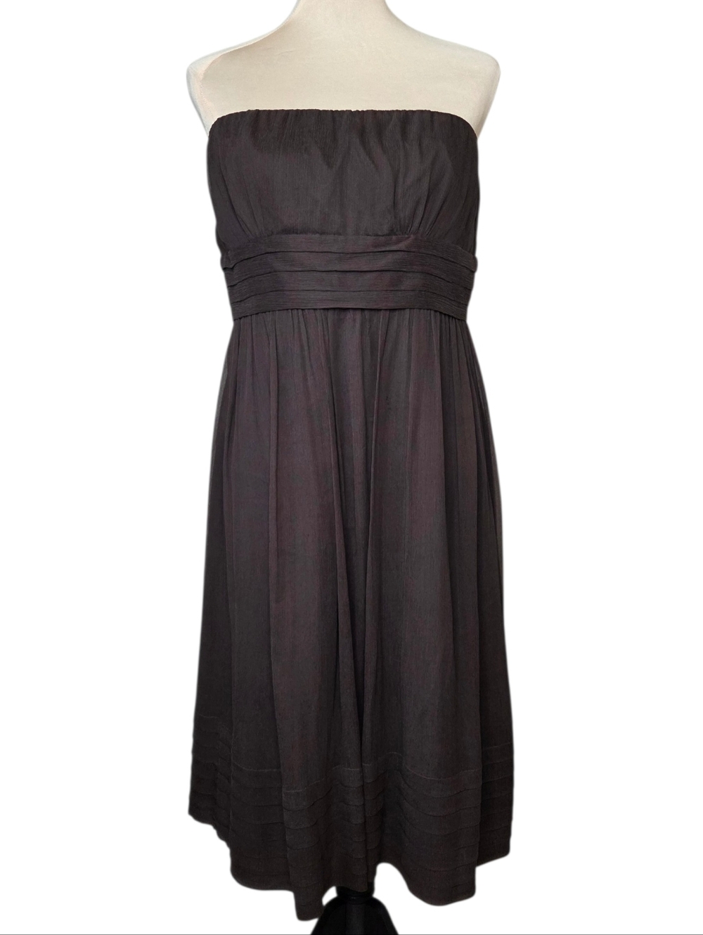 J. Crew Strapless Silk Dress Brown Empire Waist Pleated Midi Size 14